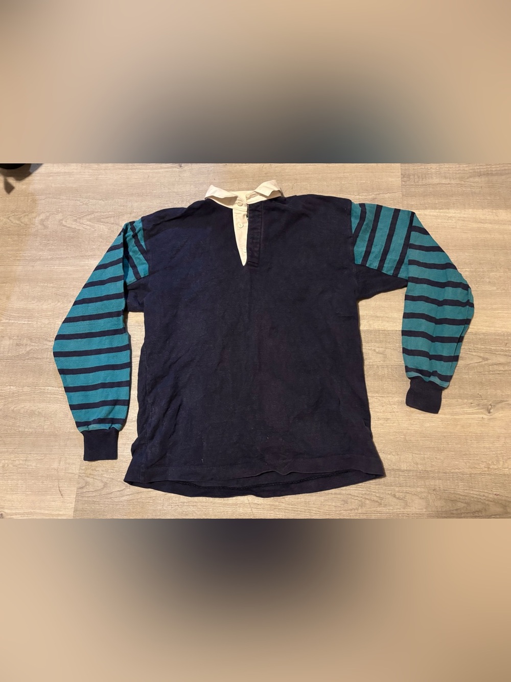 VTG Thatcher & Cross Rugby Gear Polo Mens L Navy Teal Striped Long Sleeve preppy